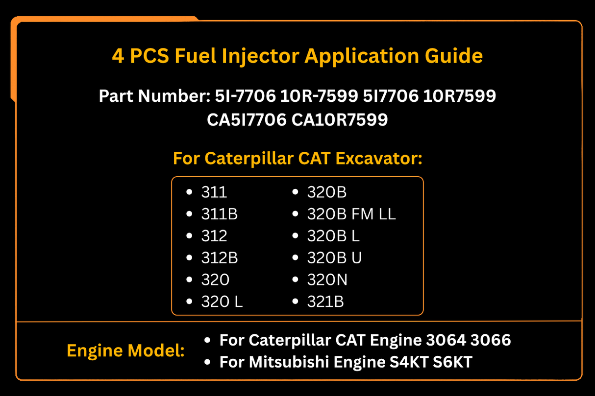 Injecteur de carburant 4 pièces 5I-7706 5I7706 10R-7599 10R7599, adapté au moteur Caterpillar CAT 3064 3066 S4KT S6KT