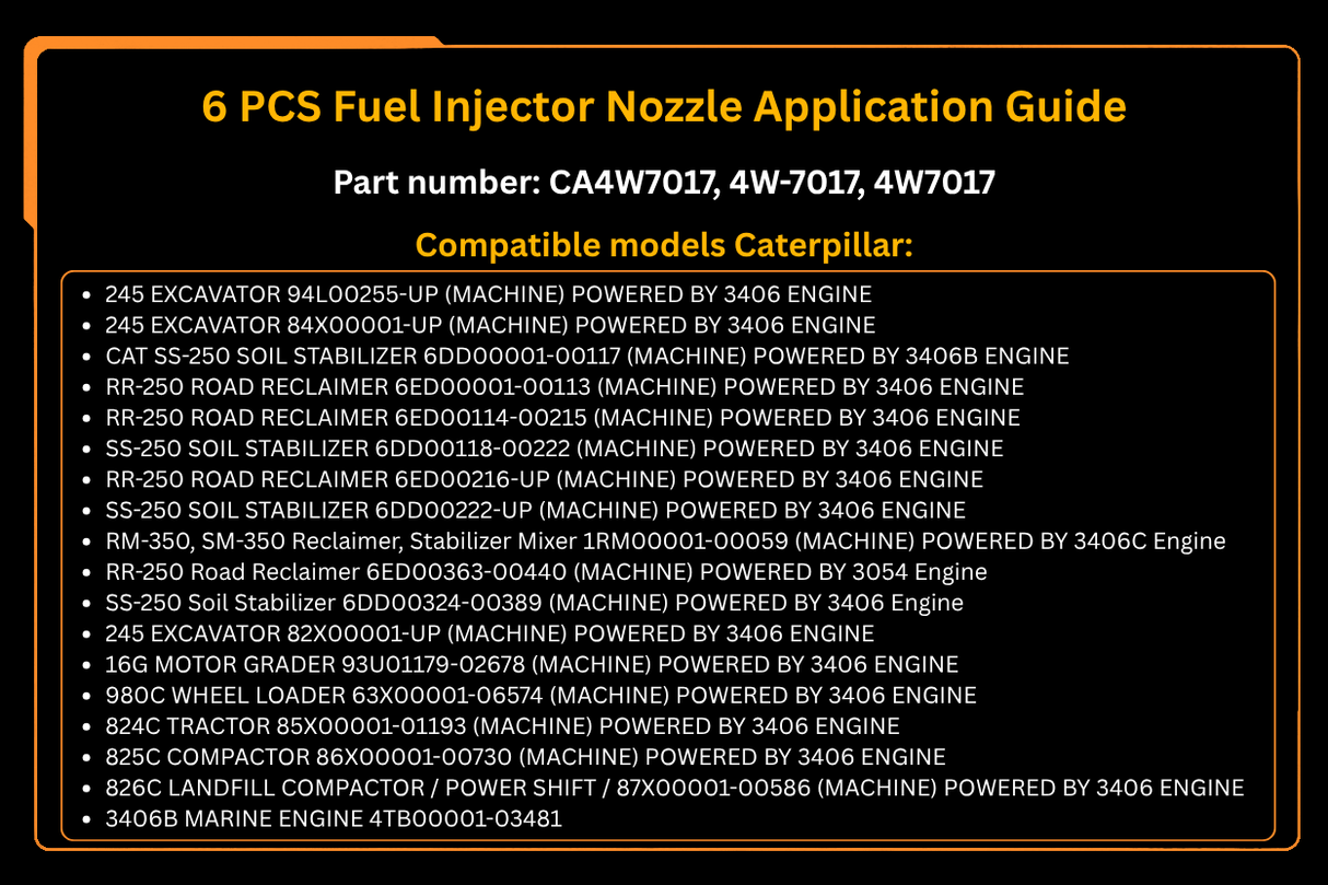 6 injecteurs de carburant 4W-7017 4W7017 Compatible avec les moteurs Caterpillar CAT 3406B, 3306 et 3412, ainsi qu'avec les pelles hydrauliques 245, 245B et 245D.