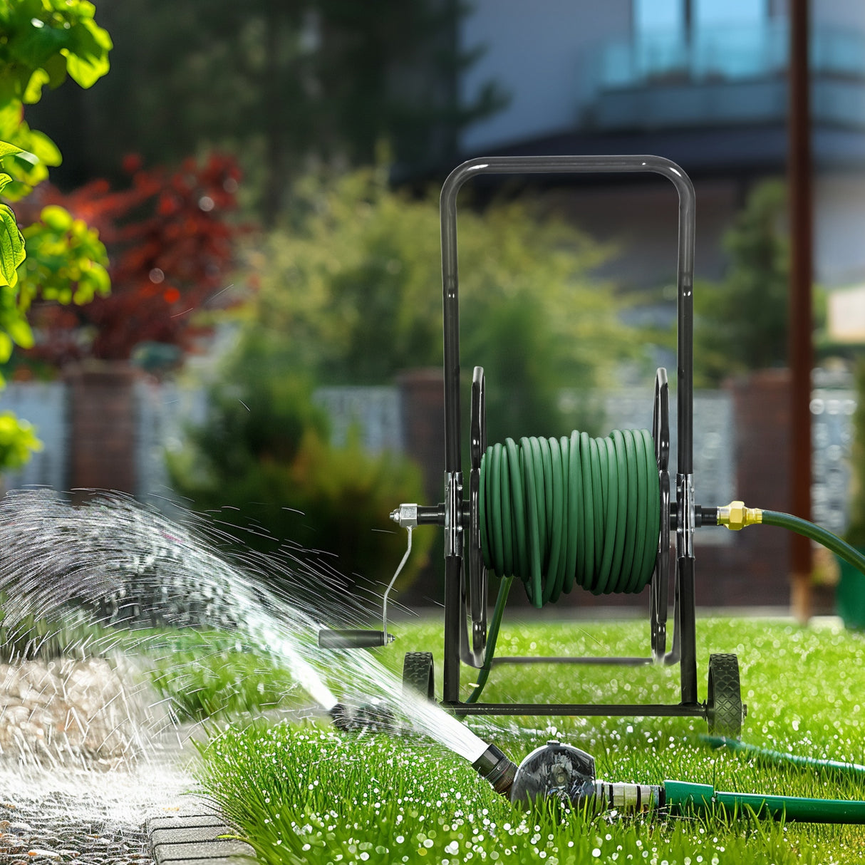 ガーデンポータブルウォーターホースリールカート 5フィートまで収納可能8" ホイール付きホース(ホースは付属しません)--ブラック