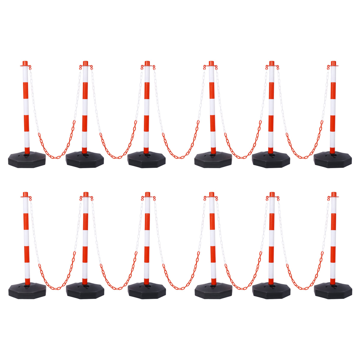 12 Pack Traffic Delineator Post Cones with Fillable Base Adjustable Safety Barrier with 5Ft Plastic Chain--White+Red