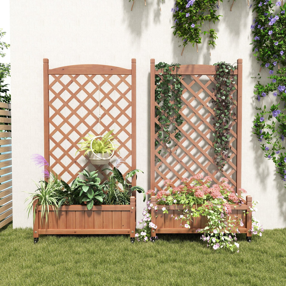 2 Pack Raised Garden Bed with Trellis Wooden Planter Box & Plant Stand with Climbing Racks - Fab Heavy Parts