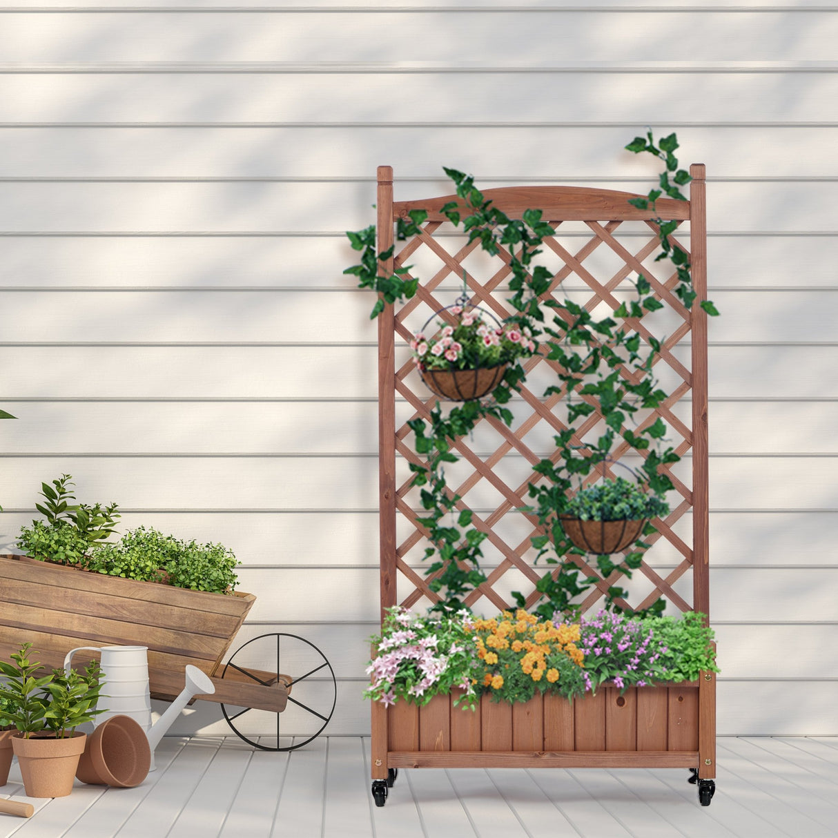 2 Pack Raised Garden Bed with Trellis Wooden Planter Box & Plant Stand with Climbing Racks - Fab Heavy Parts