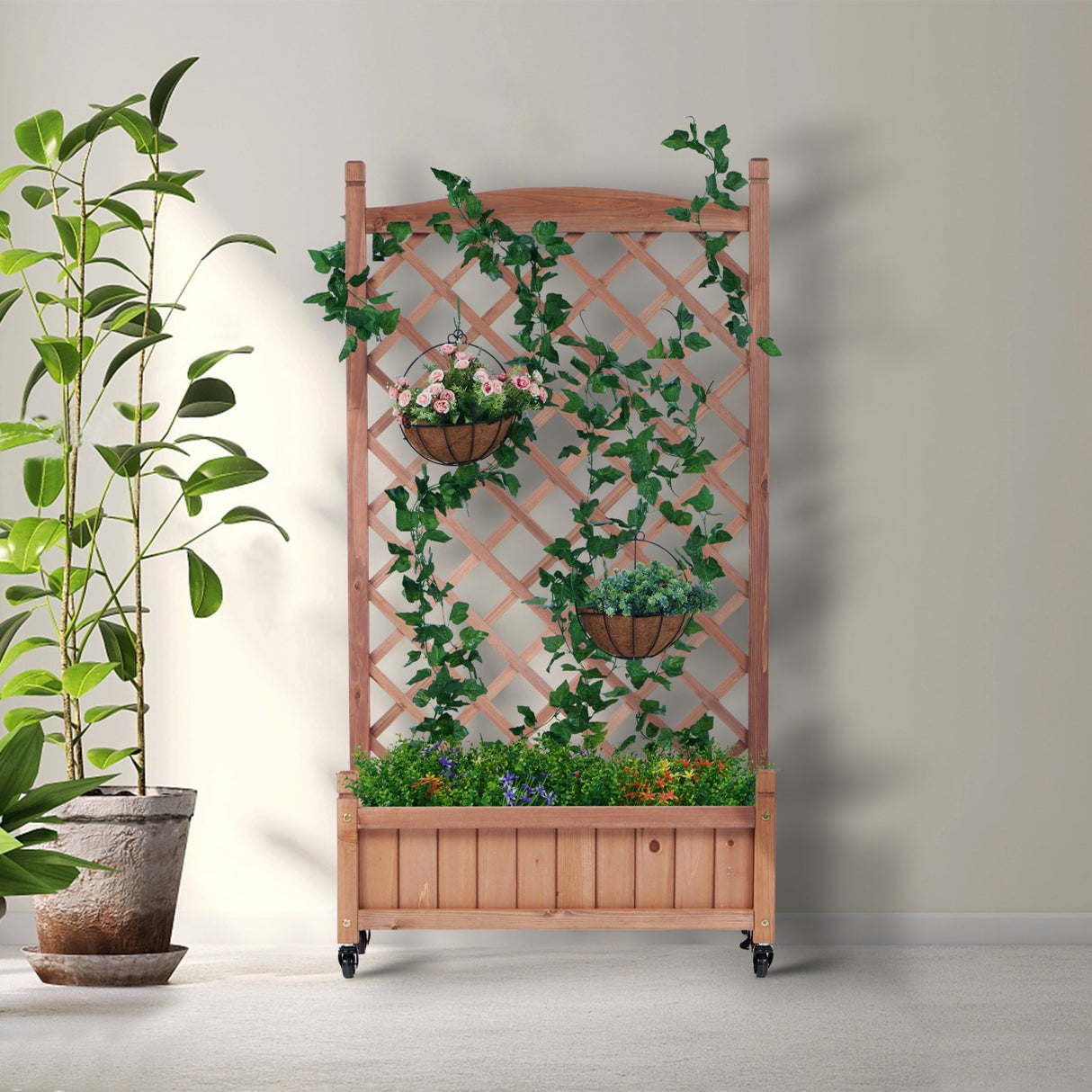 2 Pack Raised Garden Bed with Trellis Wooden Planter Box & Plant Stand with Climbing Racks - Fab Heavy Parts
