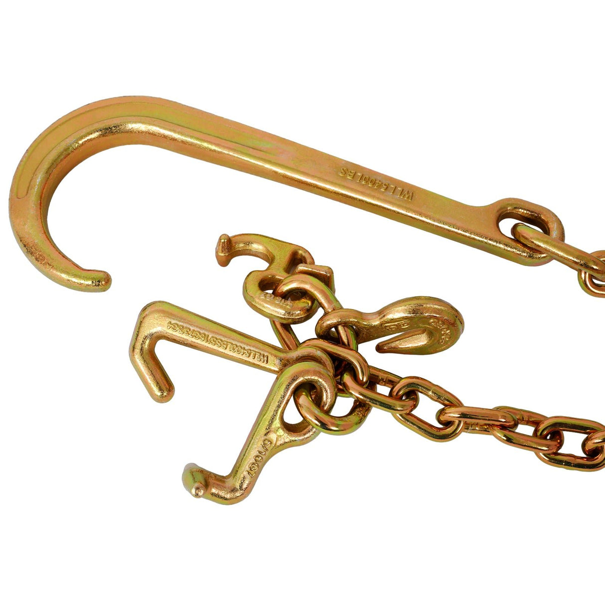 2 Pcs Grade 70 5/16 Inch x 10 Feets Transport Tow Chain J Hook Long Shank w/R T Grab Yellow Zinc - 3,700 lbs. Safe Working Load - Fab Heavy Parts