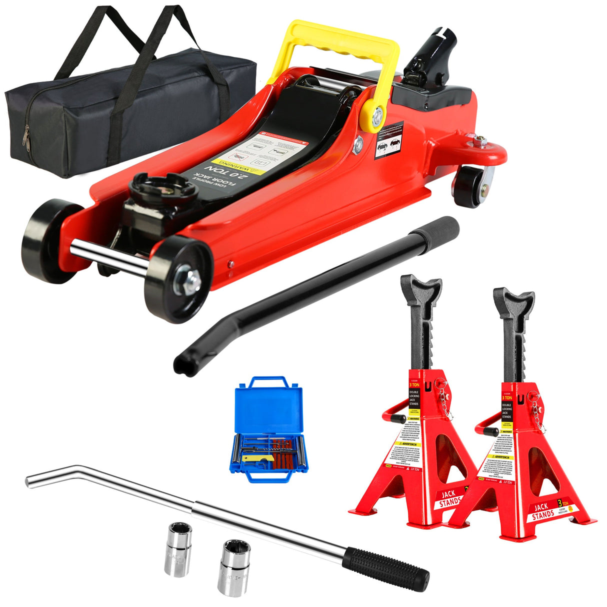2 Ton Low Profile Floor Jack + 3 Ton Jack Stand Tire Repair Kit L - Wrench Heavy Duty Steel with Single Piston Quick Lift Pump Lifting Range 3.3" - 15.2" - Fab Heavy Parts