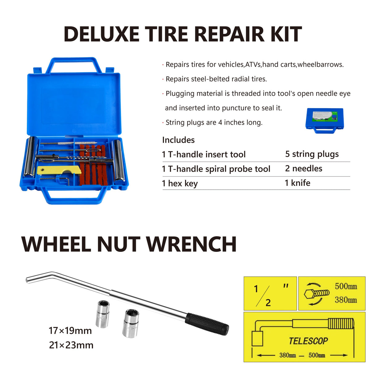 2 Ton Low Profile Floor Jack + 3 Ton Jack Stand Tire Repair Kit L - Wrench Heavy Duty Steel with Single Piston Quick Lift Pump Lifting Range 3.3" - 15.2" - Fab Heavy Parts