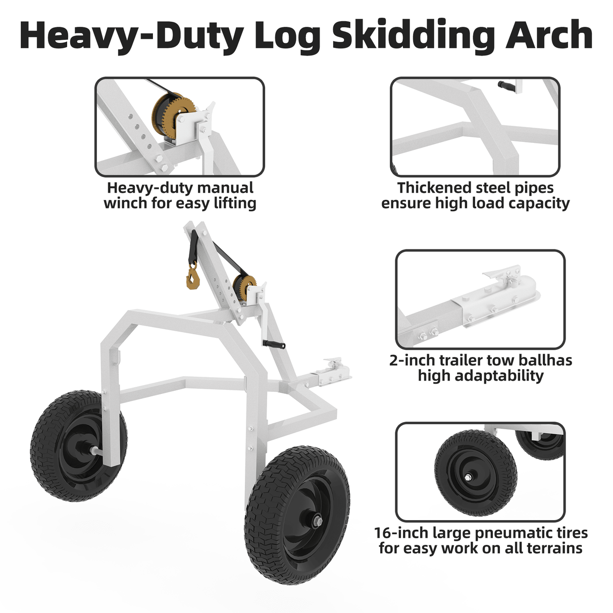 20" Log Skidding Arch & Hauler Kit 1500 lbs Capacity Log Dolly with Manual Winch Chain & Strap Heavy Duty Rust - Resistant Steel Log Carrier for Farm, Firewood & Forestry Transport - Fab Heavy Parts