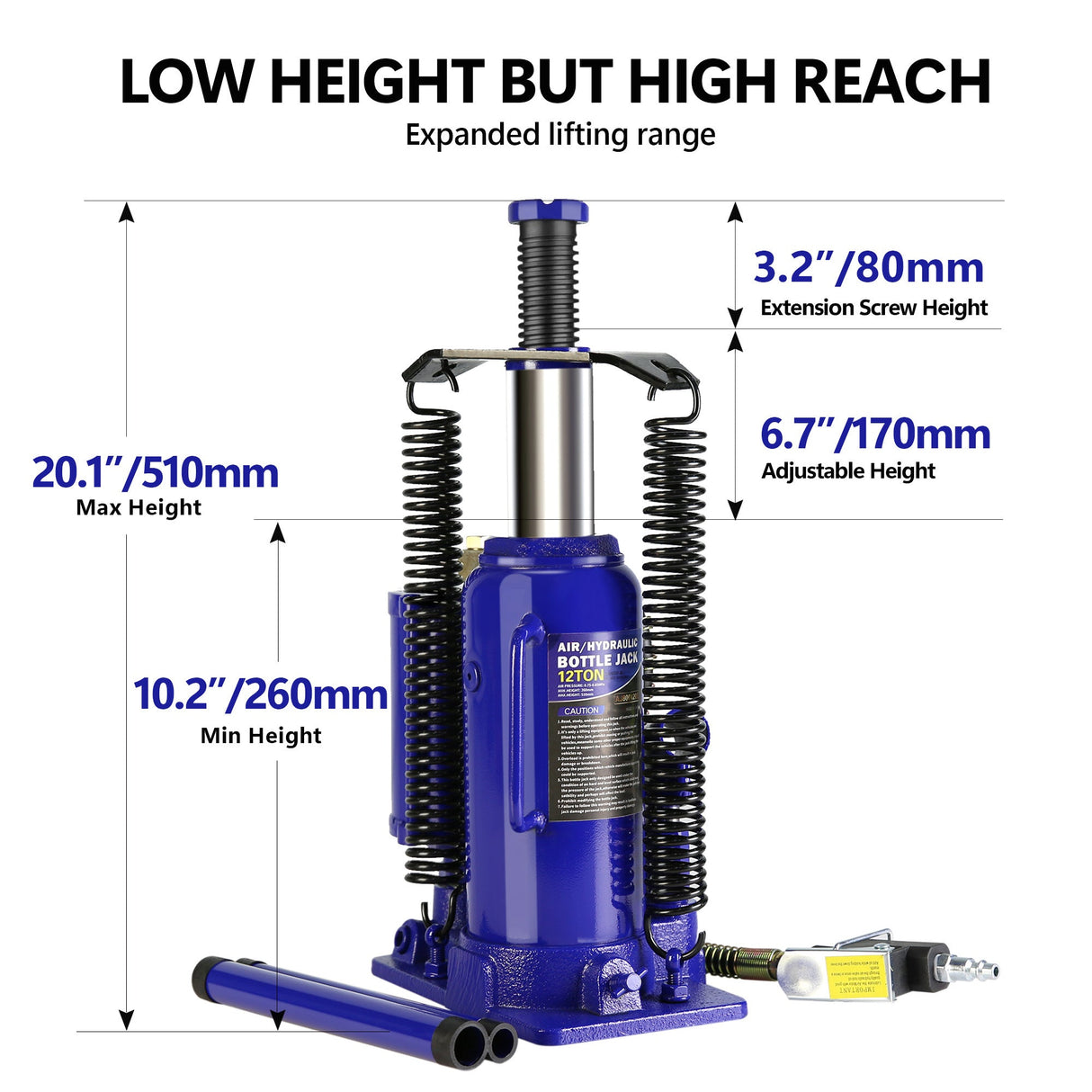 20 Ton Pneumatic Air Hydraulic Bottle Jack with Manual Hand Pump - Blue - Fab Heavy Parts