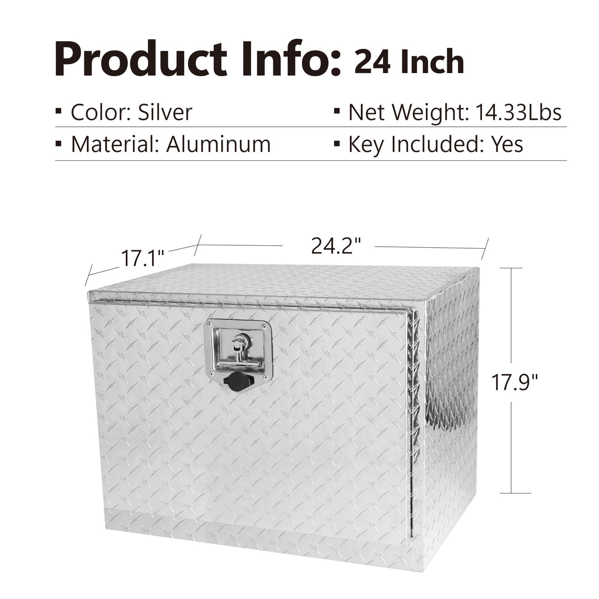 24 Inch Truck Box Aluminum Silver Stripes Plated Tool Box with Lock and Keys 24.2"×17.1"×17.9" - Fab Heavy Parts