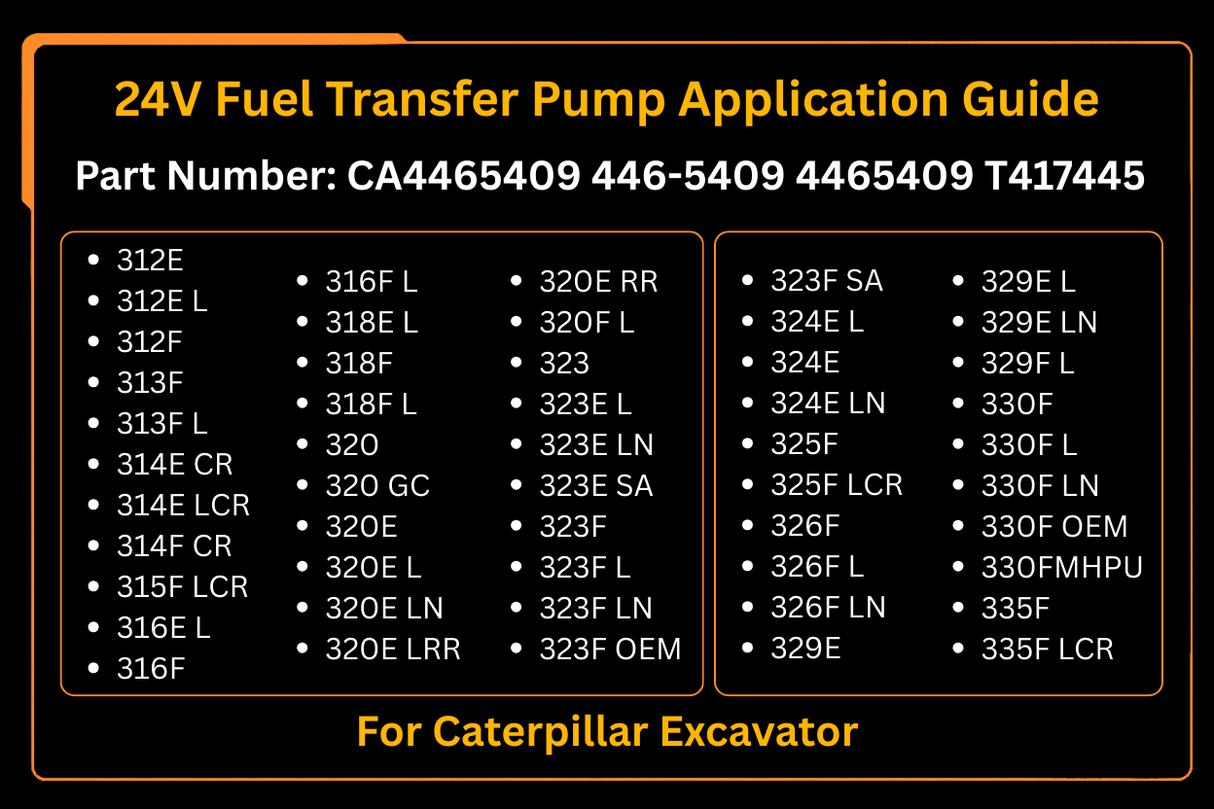 24V Fuel Transfer Pump 446 - 5409 4465409 Compatible Fits for Caterpillar CAT C4.4 C6.6 C7.1 312E 312F 313F 924K 930K 938K - Fab Heavy Parts