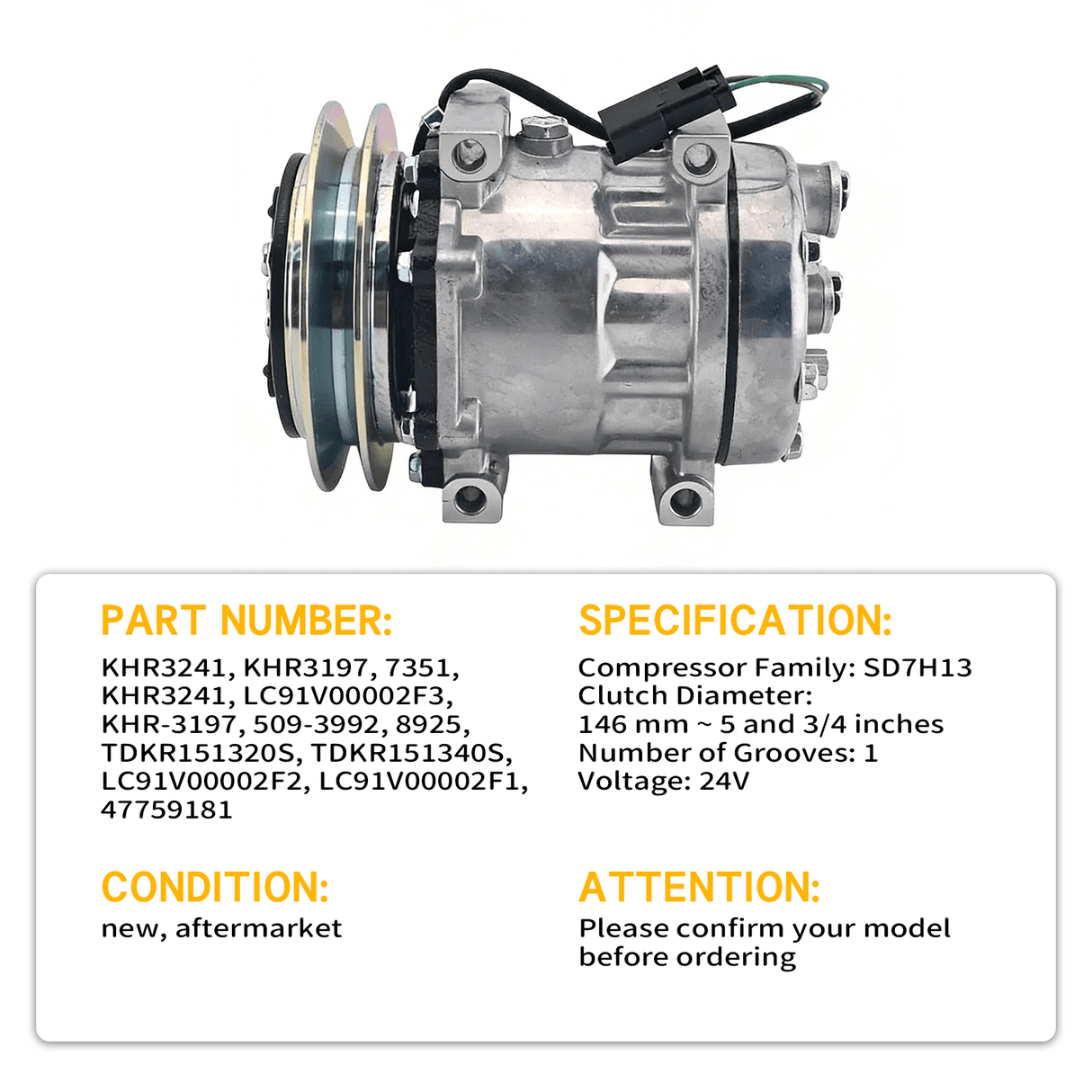 24V Sanden SD7H13 A/C Compressor KHR3241 KHR3197 Fits for Link - Belt Fits Case Fits Kobelco - Fab Heavy Parts