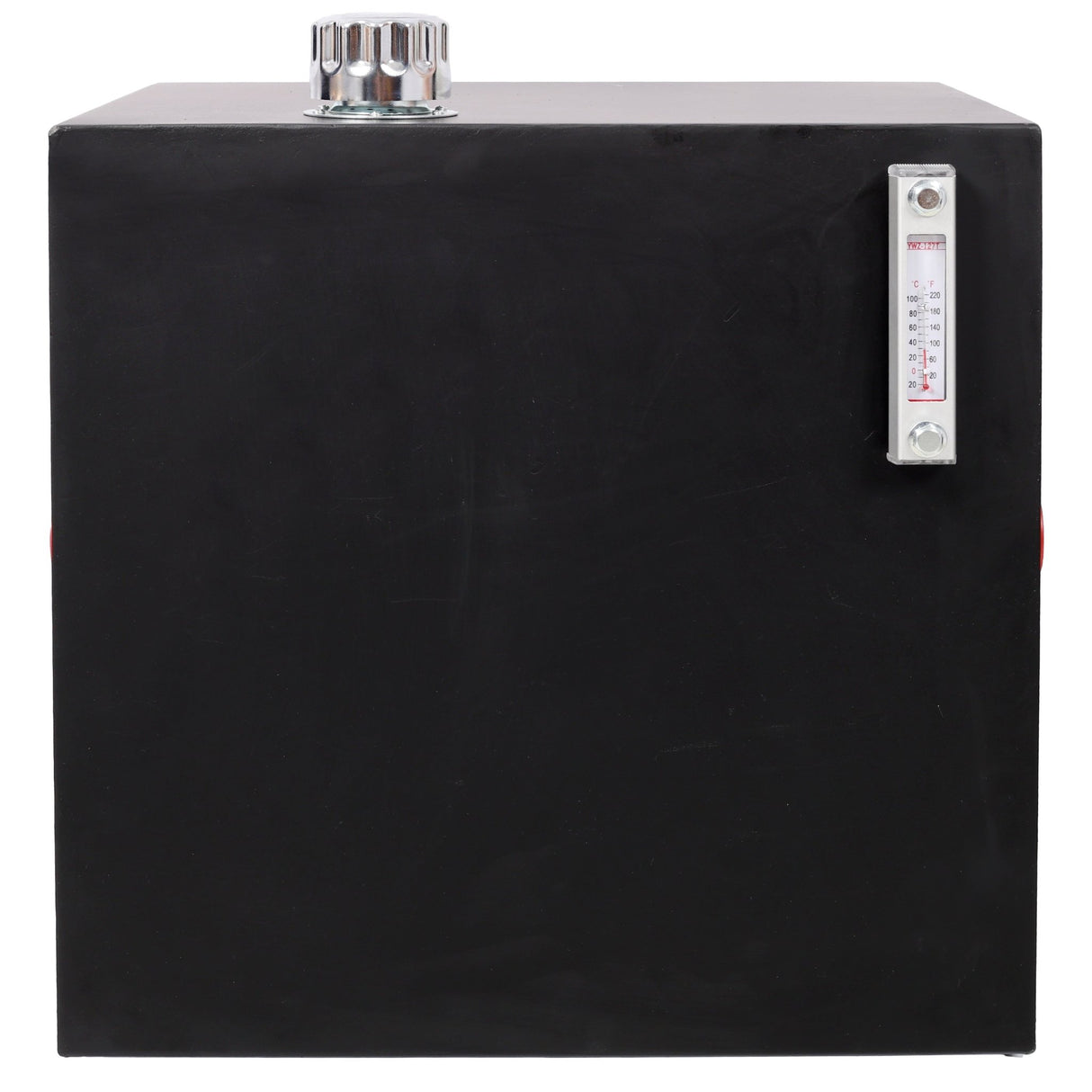 25 Gallon 12 Gauge Steel Hydraulic Fluid Reservoir Tank with Inlet 2' FNPT and Outlet 1 - 1/4' FNPT Side Vertical - Mount With Temp and Sight Gauge - Fab Heavy Parts