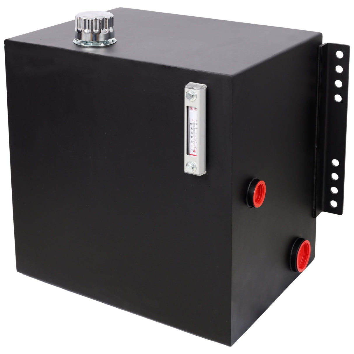 25 Gallon 12 Gauge Steel Hydraulic Fluid Reservoir Tank with Inlet 2' FNPT and Outlet 1 - 1/4' FNPT Side Vertical - Mount With Temp and Sight Gauge - Fab Heavy Parts