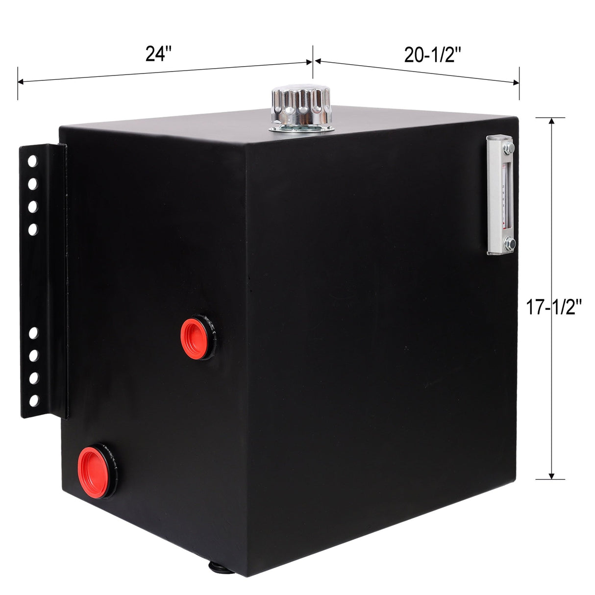 25 Gallon 12 Gauge Steel Hydraulic Fluid Reservoir Tank with Inlet 2' FNPT and Outlet 1 - 1/4' FNPT Side Vertical - Mount With Temp and Sight Gauge - Fab Heavy Parts