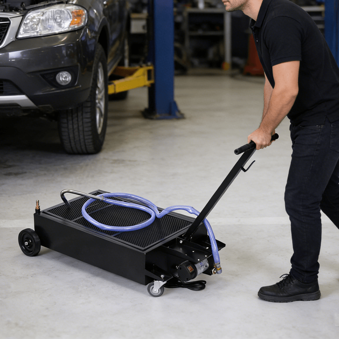 25 Gallon Low Profile Oil Drain Pan with Electric Pump - Black - Fab Heavy Parts