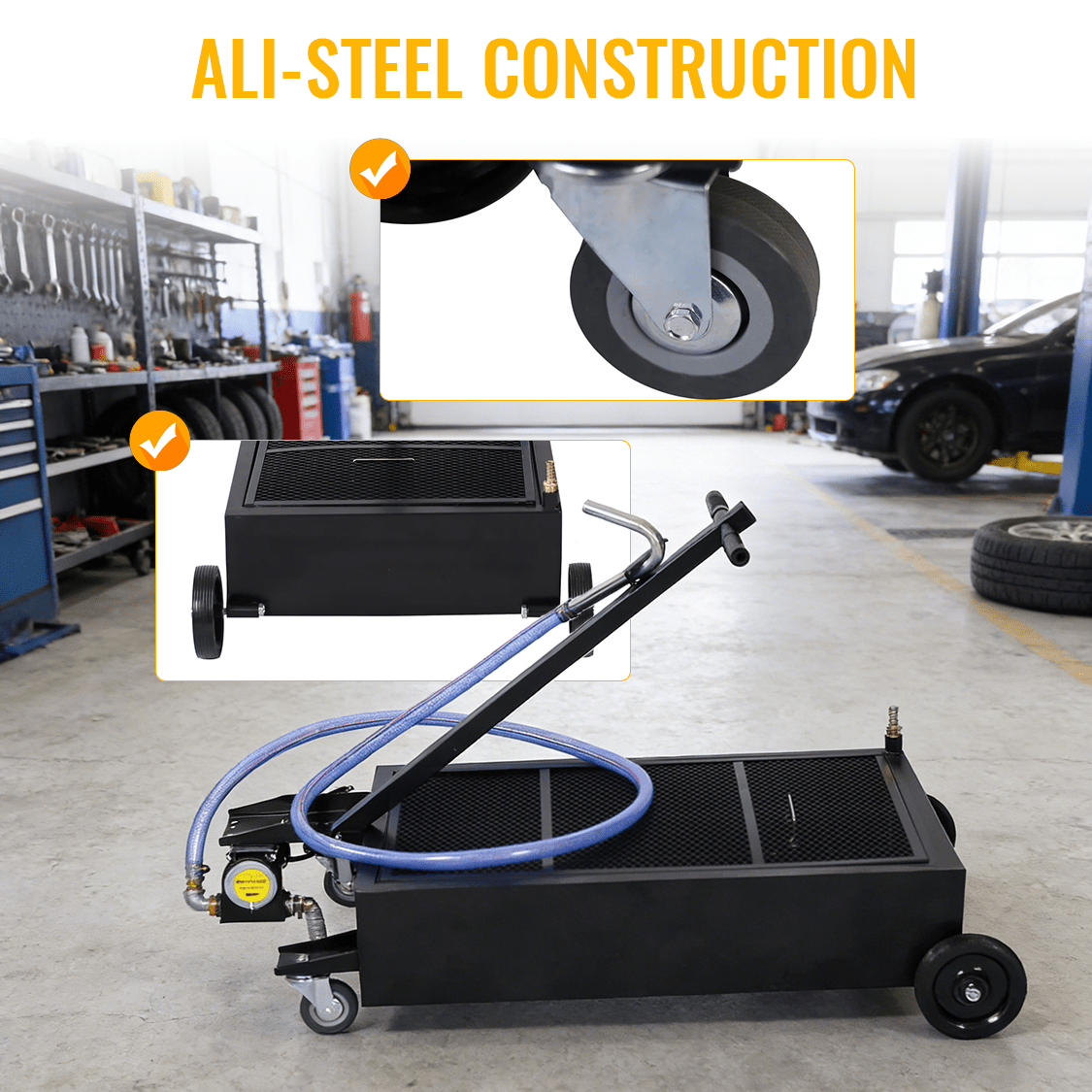 25 Gallon Low Profile Oil Drain Pan with Electric Pump - Black - Fab Heavy Parts