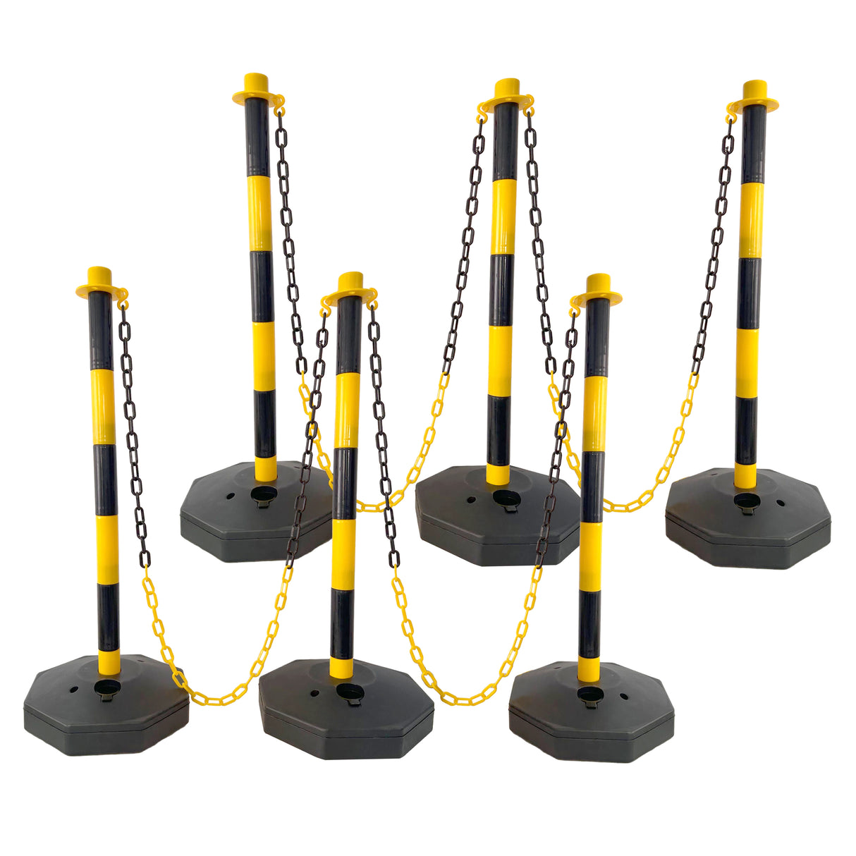6 Pack Traffic Delineator Post Cones with Fillable Base Adjustable Safety Barrier with 5Ft Plastic Chain--Yellow+Black