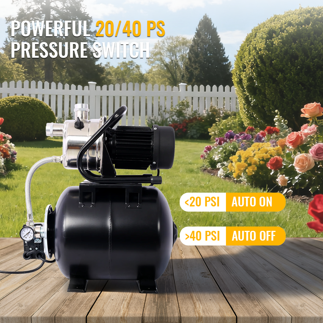 1.6HP Shallow Well Pump with Pressure Tank Garden Water Pump Irrigation Pump Automatic Stainless Steel Head