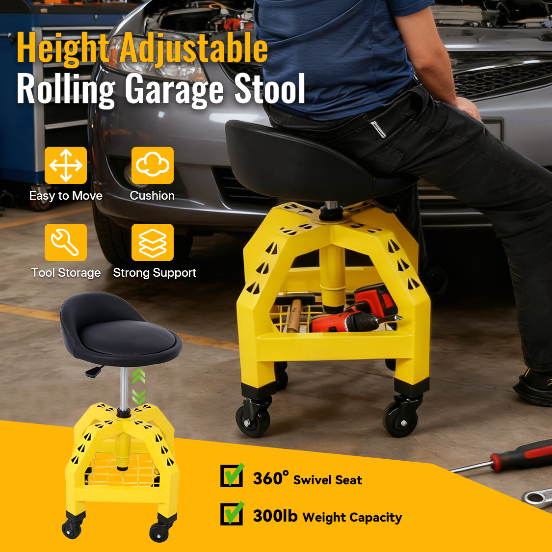 Pneumatic 360 Degree Swivel Stool Mechanics Rolling Creeper Seat Heavy Duty Shop with Casters Yellow 300 lbs Capacity