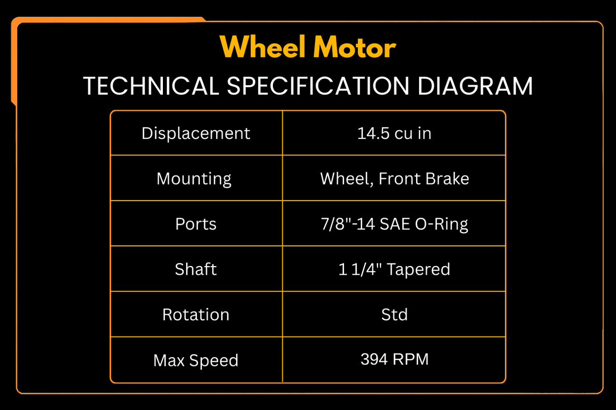 Technical specification diagram for a wheel motor on a black background with orange text.