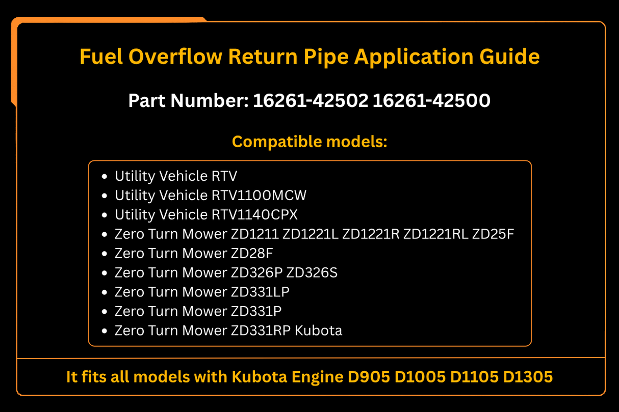 Kraftstoffüberlauf-Rücklaufrohr 16261-42502 für Kubota-Motor D905 D1005 D1105 D1305