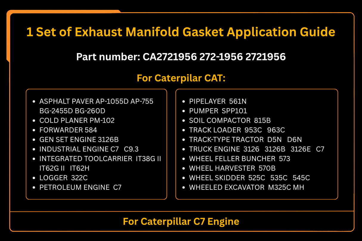 1 jeu de joints de collecteur d'échappement CA2721956 272-1956 2721956, convient pour moteur Caterpillar C7