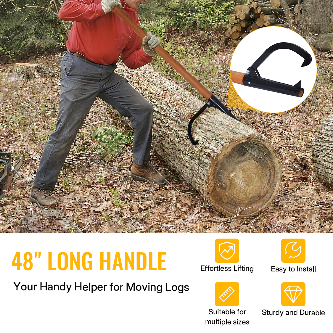 Log Peavy Cant Hook 48" Peavey Point Logging Tool Roller 15in Opening Black