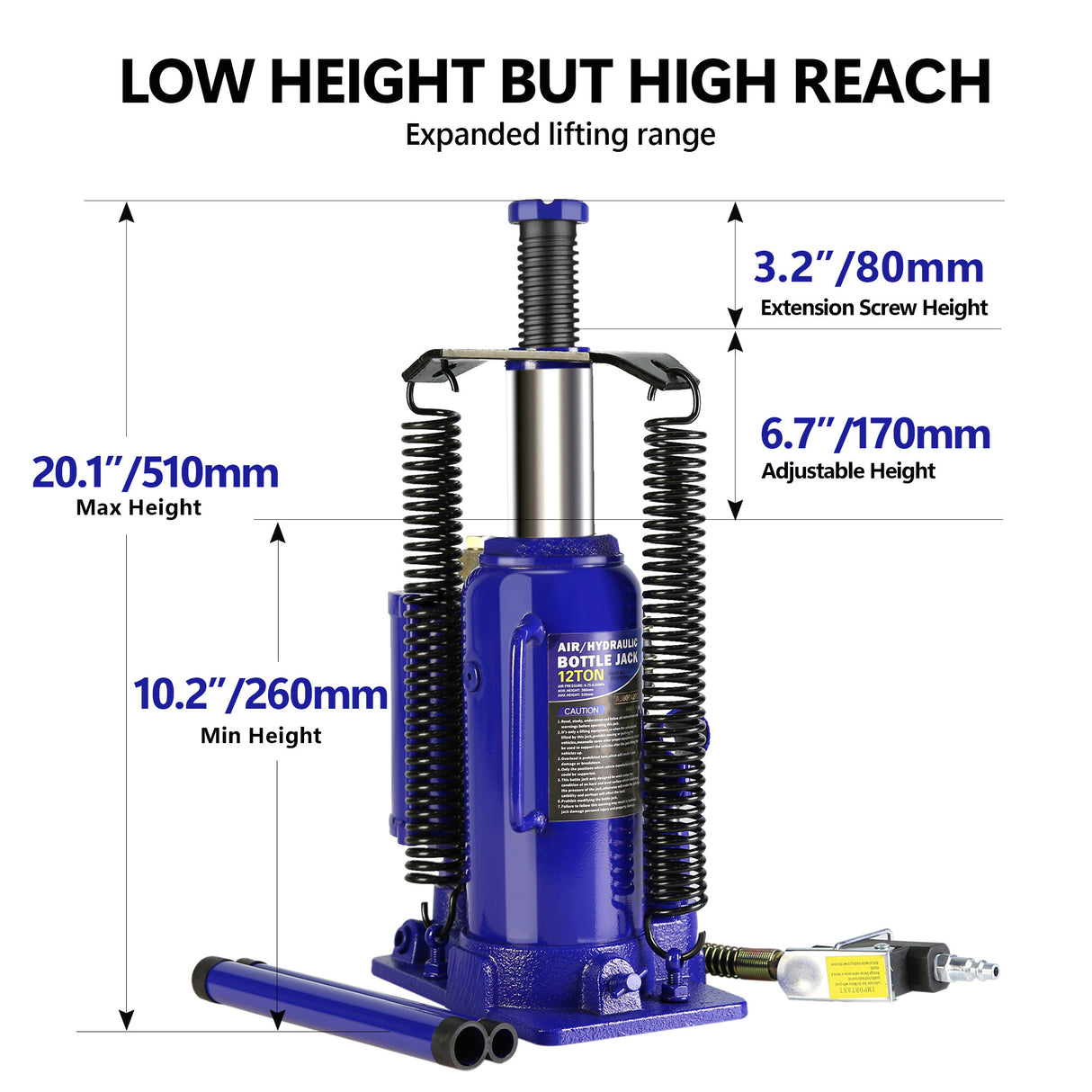 12 Ton Pneumatic Air Hydraulic Bottle Jack with Manual Hand Pump Heavy Duty--Blue