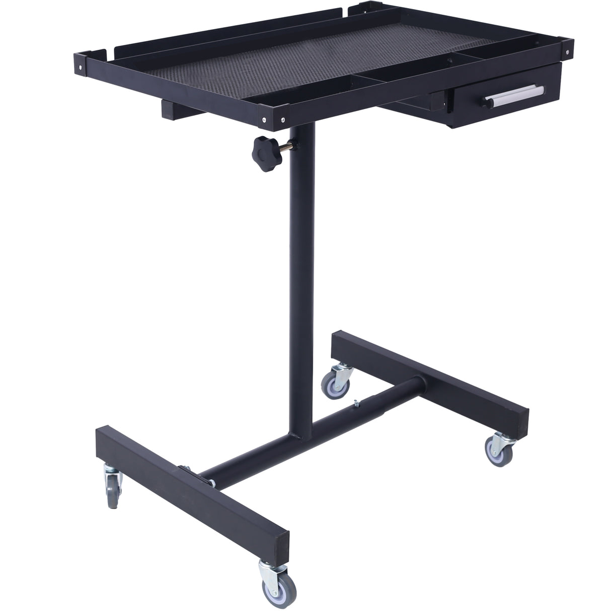 Adjustable Tear Down Work Table with Drawer (4) 2.5" Swivel Casters 220 Lbs Capacity Rubber Corners Heavy Duty Steel--Black