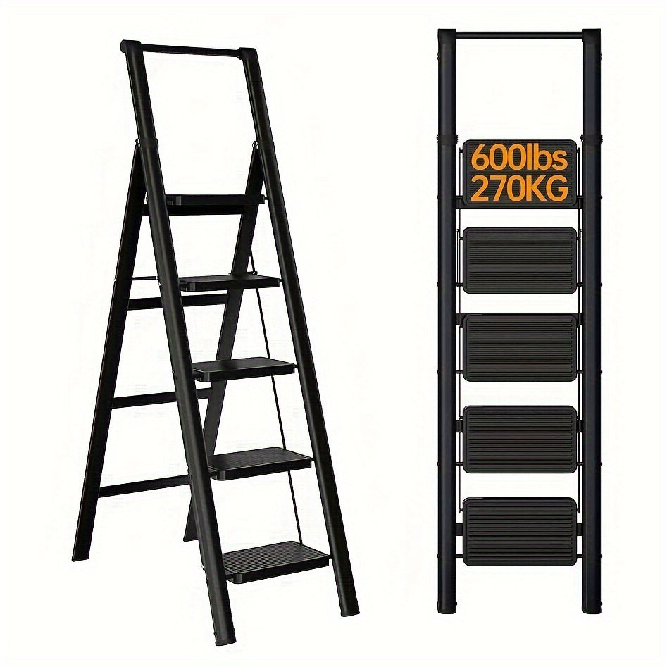 5-Step Ladder Folding Step Stool with Anti Slip Wide Pedals--Black