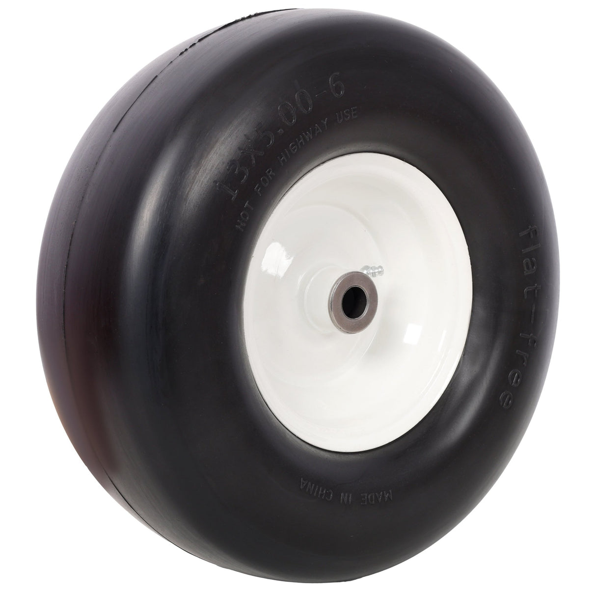 2PCS 13x5.00 - 6" Flat Free Lawn Mower Tires Smooth Tread 3/4" Bearing 3" Central Hub 500 LB Capacity per pc. - Fab Heavy Parts