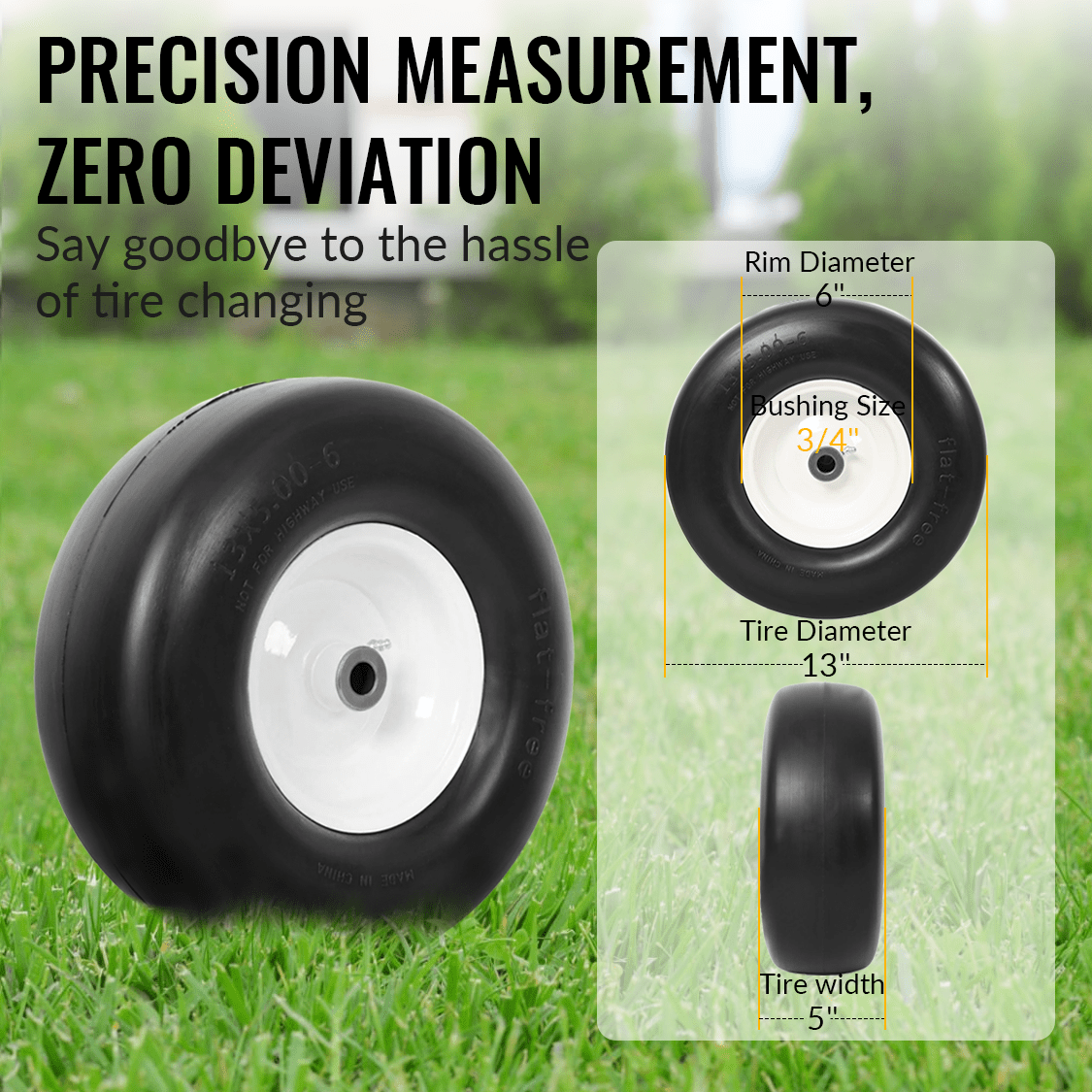 2PCS 13x5.00 - 6" Flat Free Lawn Mower Tires Smooth Tread 3/4" Bearing 3" Central Hub 500 LB Capacity per pc. - Fab Heavy Parts