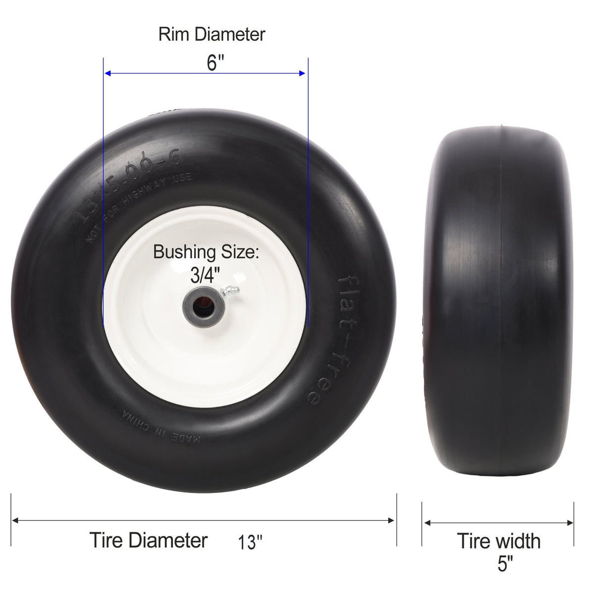 2PCS 13x5.00 - 6" Flat Free Lawn Mower Tires Smooth Tread 3/4" Bearing 3" Central Hub 500 LB Capacity per pc. - Fab Heavy Parts