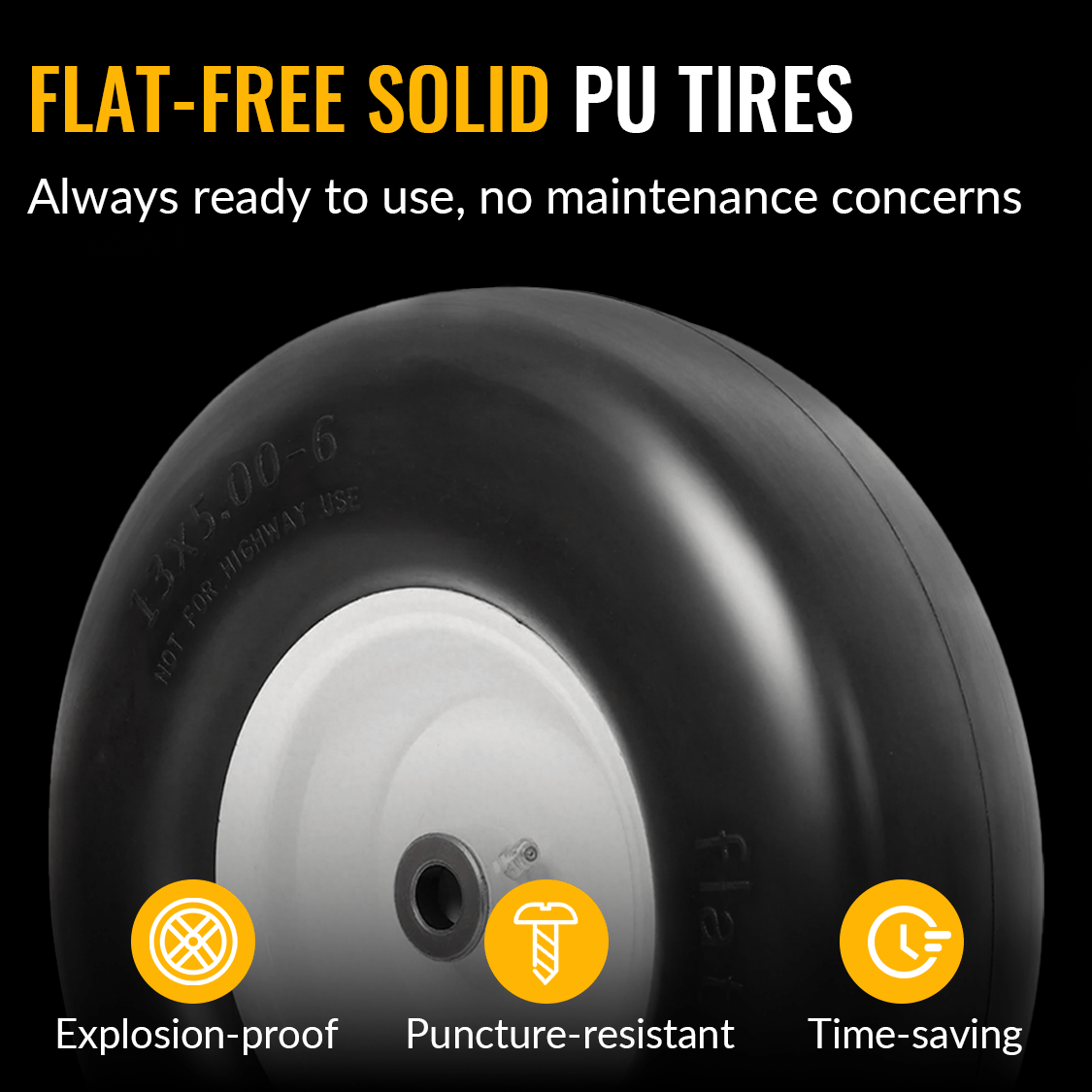 2PCS 13x5.00 - 6" Flat Free Lawn Mower Tires Smooth Tread 3/4" Bearing 3" Central Hub 500 LB Capacity per pc. - Fab Heavy Parts
