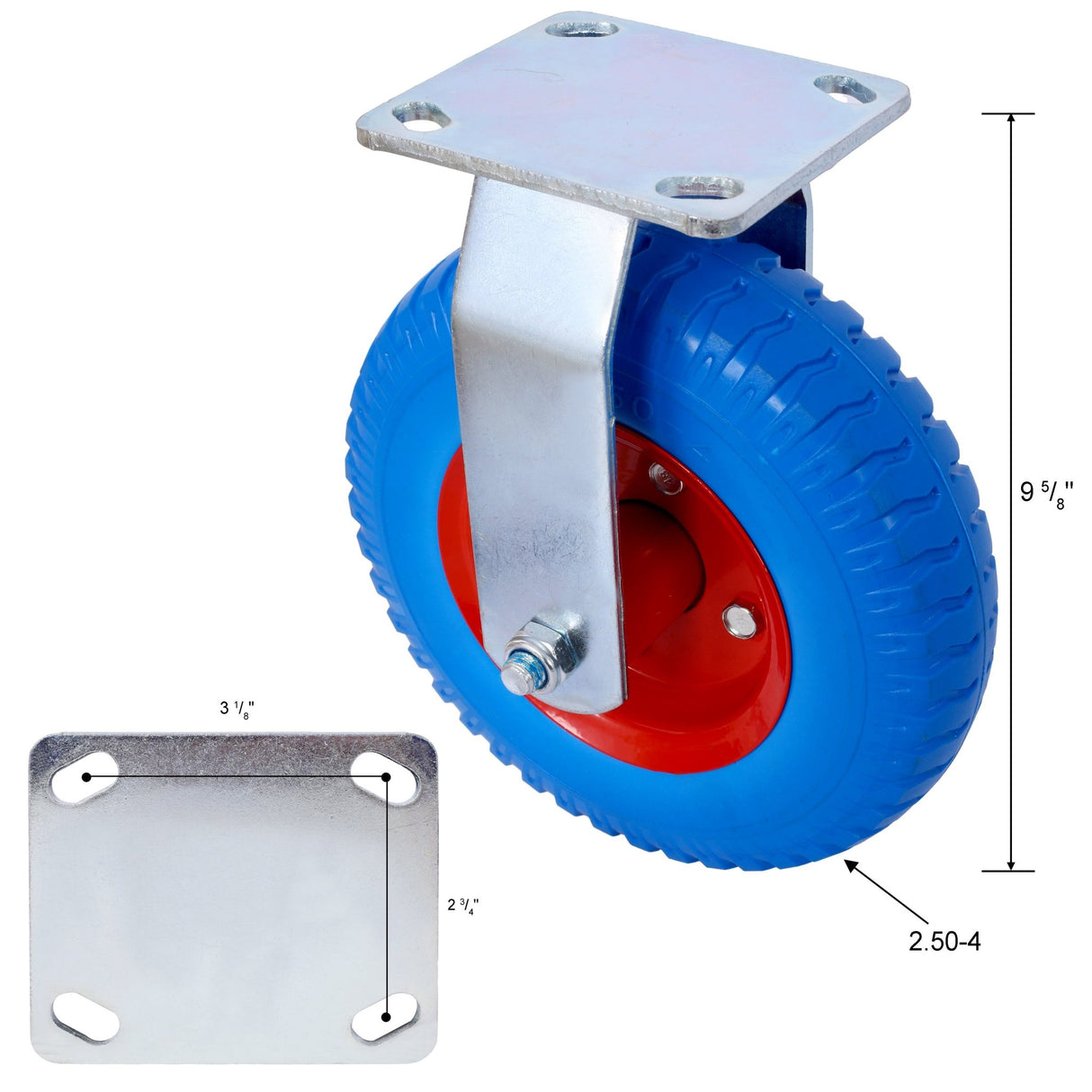 2PCS 8IN Flat Free Rigrid - Caster Wheel Steel Hub with Ball Bearings 5/8 - Inch Bore Centered Axle Blue - Fab Heavy Parts