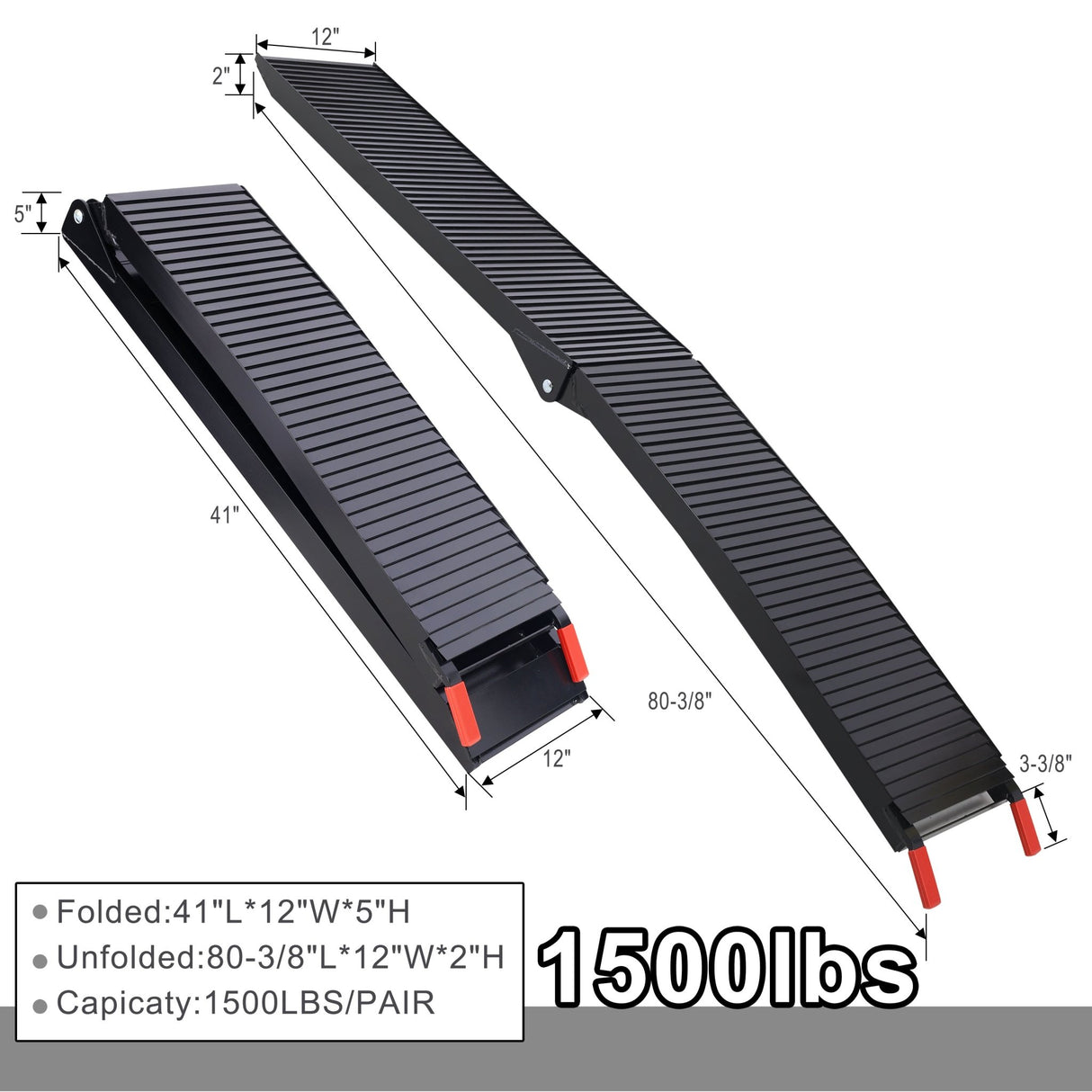 2PCS Truck Ramps 80"x12" Portable Loading Ramp 1500 LBS Capacity Aluminum Folding with Handle & Buckle - Black Coating - Fab Heavy Parts