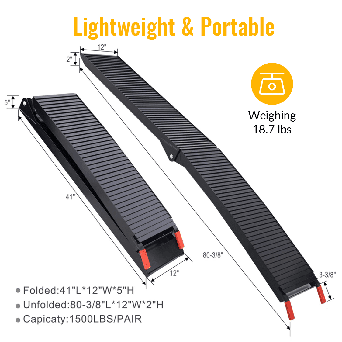 2PCS Truck Ramps 80"x12" Portable Loading Ramp 1500 LBS Capacity Aluminum Folding with Handle & Buckle - Black Coating - Fab Heavy Parts