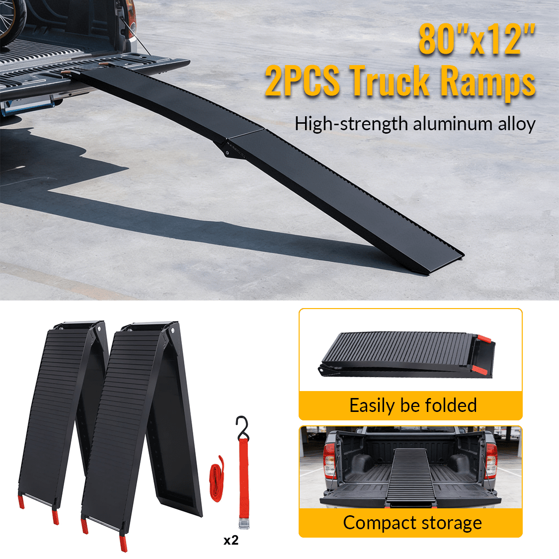 2PCS Truck Ramps 80"x12" Portable Loading Ramp 1500 LBS Capacity Aluminum Folding with Handle & Buckle - Black Coating - Fab Heavy Parts