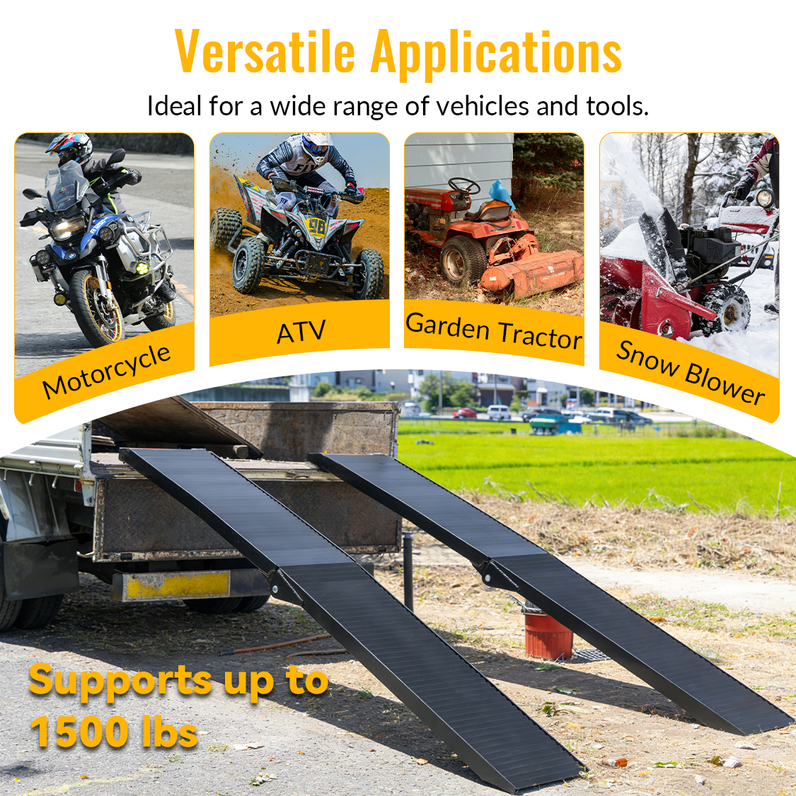 2PCS Truck Ramps 80"x12" Portable Loading Ramp 1500 LBS Capacity Aluminum Folding with Handle & Buckle - Black Coating - Fab Heavy Parts