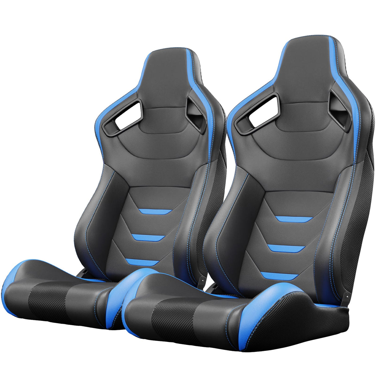 2PCS Universal Bucket Racing Seats Blue Stitch Blue PVC Leather Reclinable Carbon Look Leather Back With Adjustor Slider(Not Including Seat Bracket) - Fab Heavy Parts