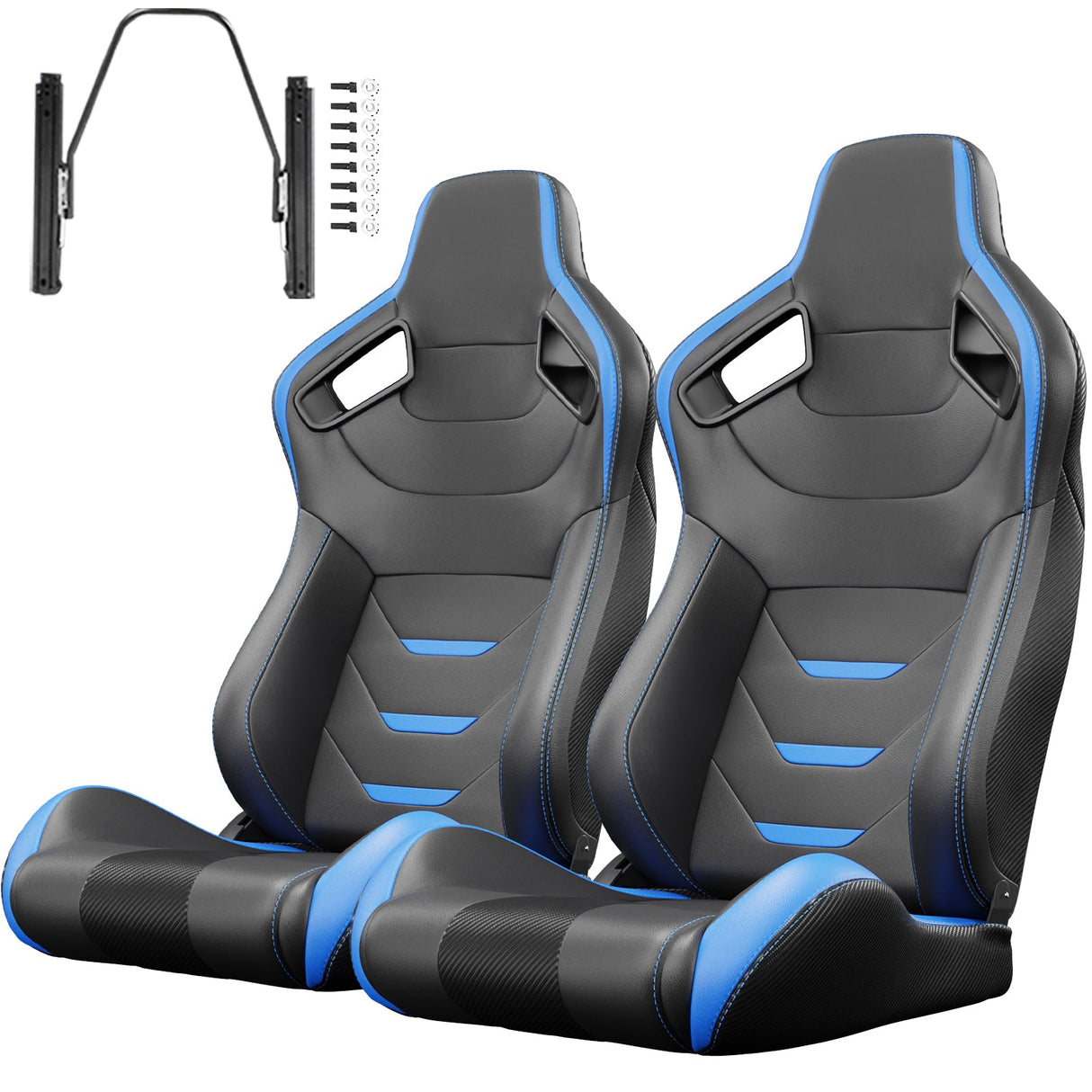 2PCS Universal Bucket Racing Seats Blue Stitch Blue PVC Leather Reclinable Carbon Look Leather Back With Adjustor Slider(Not Including Seat Bracket) - Fab Heavy Parts