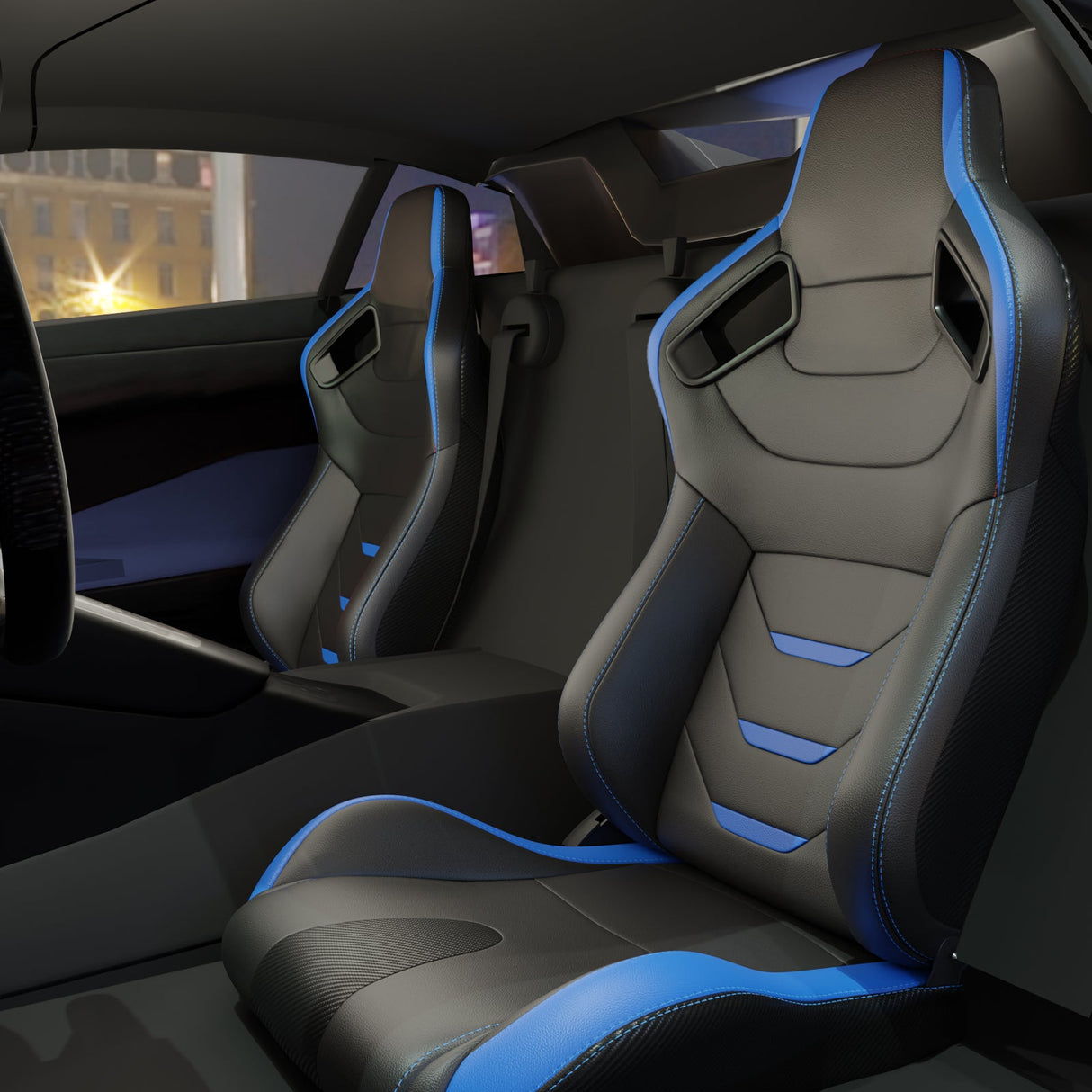 2PCS Universal Bucket Racing Seats Blue Stitch Blue PVC Leather Reclinable Carbon Look Leather Back With Adjustor Slider(Not Including Seat Bracket) - Fab Heavy Parts