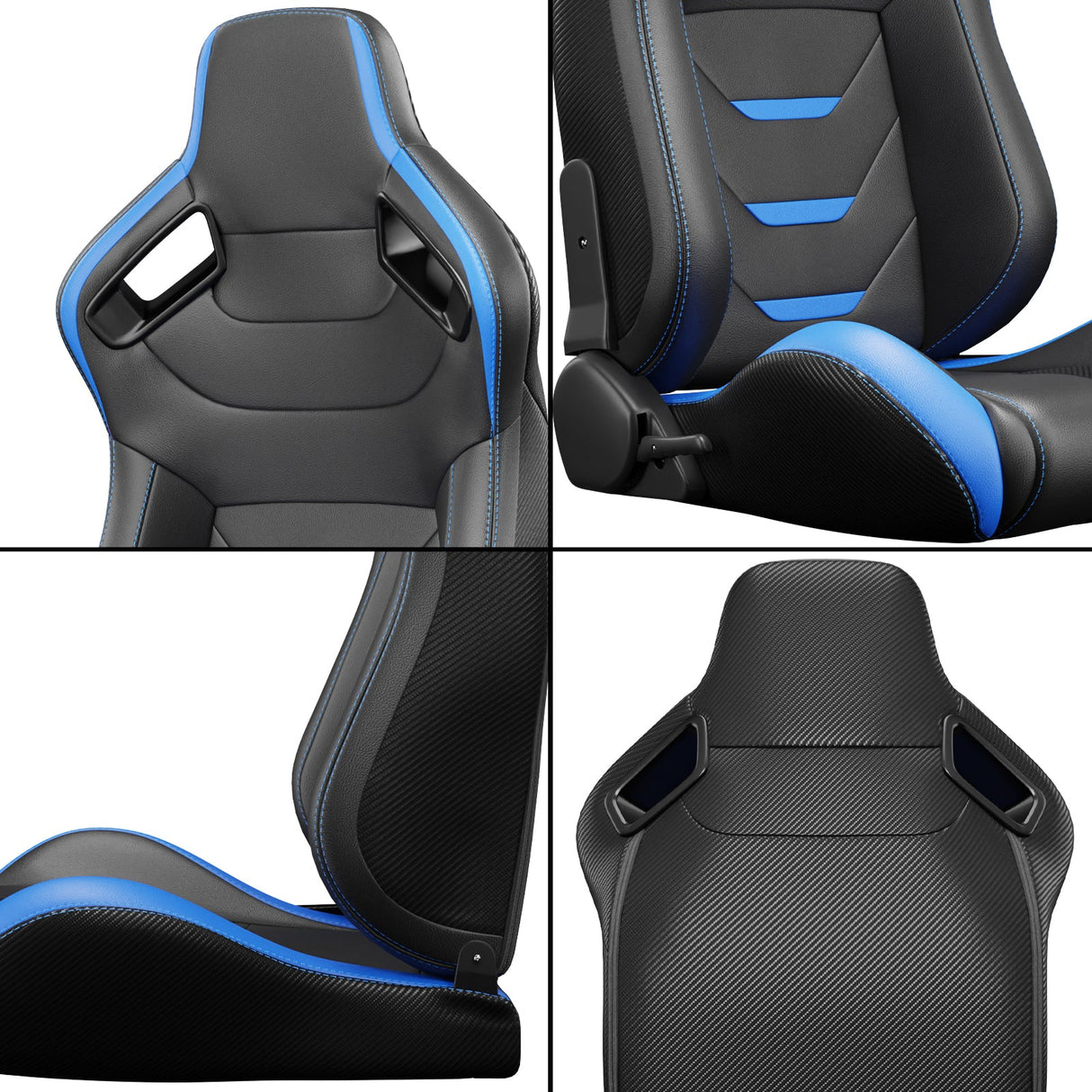 2PCS Universal Bucket Racing Seats Blue Stitch Blue PVC Leather Reclinable Carbon Look Leather Back With Adjustor Slider(Not Including Seat Bracket) - Fab Heavy Parts