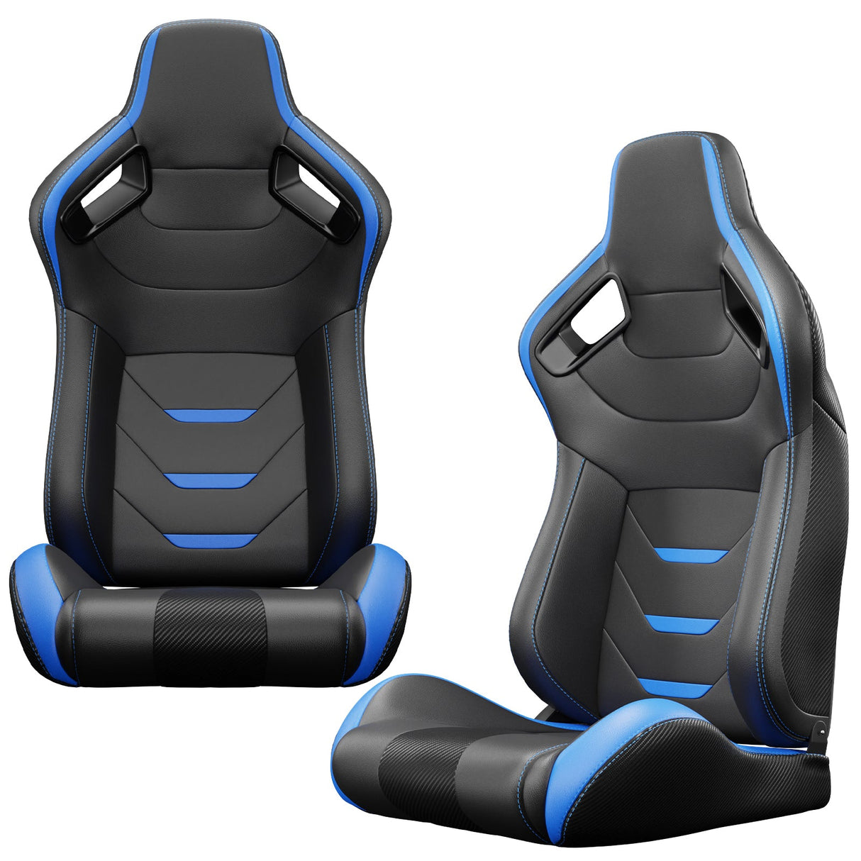 2PCS Universal Bucket Racing Seats Blue Stitch Blue PVC Leather Reclinable Carbon Look Leather Back With Adjustor Slider(Not Including Seat Bracket) - Fab Heavy Parts