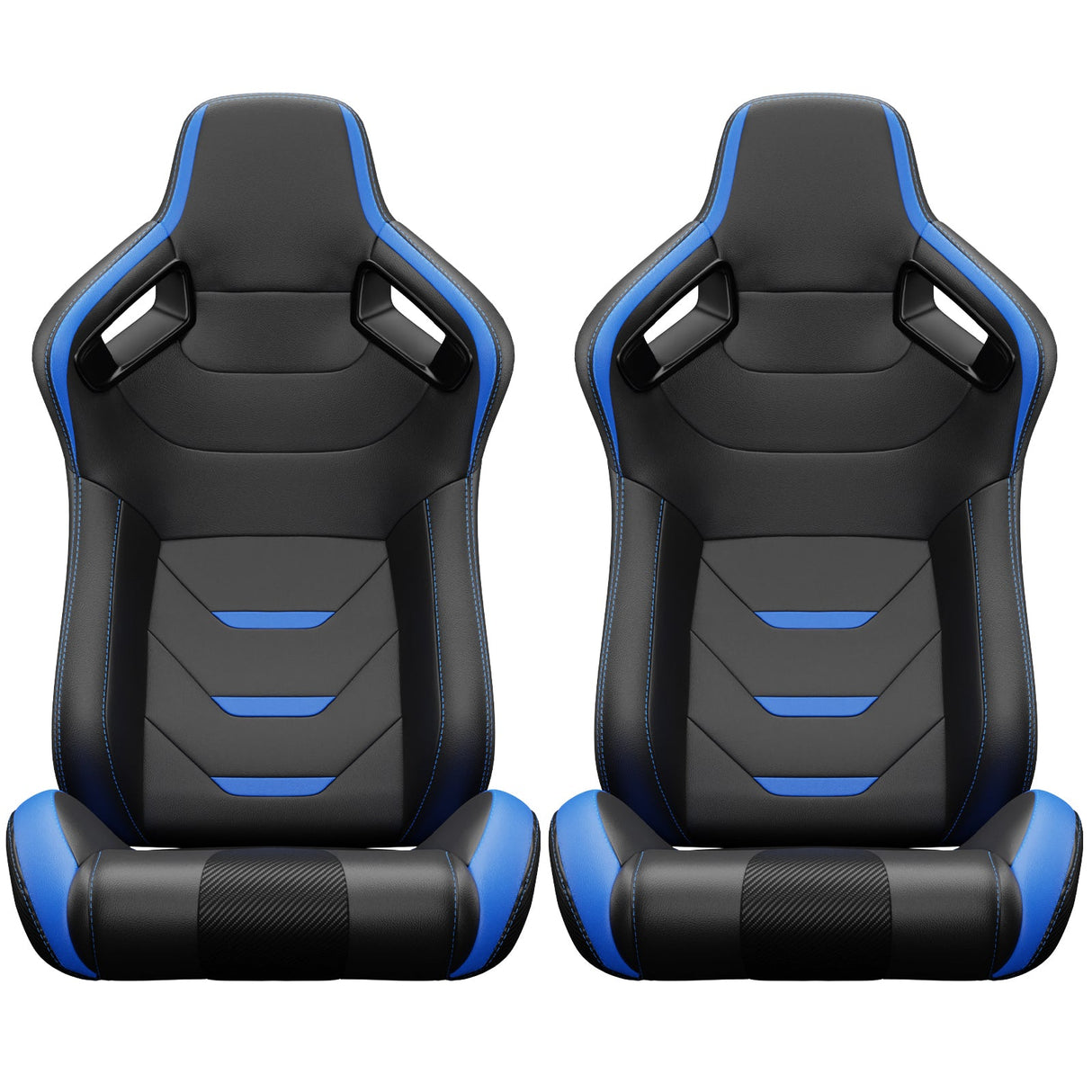 2PCS Universal Bucket Racing Seats Blue Stitch Blue PVC Leather Reclinable Carbon Look Leather Back With Adjustor Slider(Not Including Seat Bracket) - Fab Heavy Parts