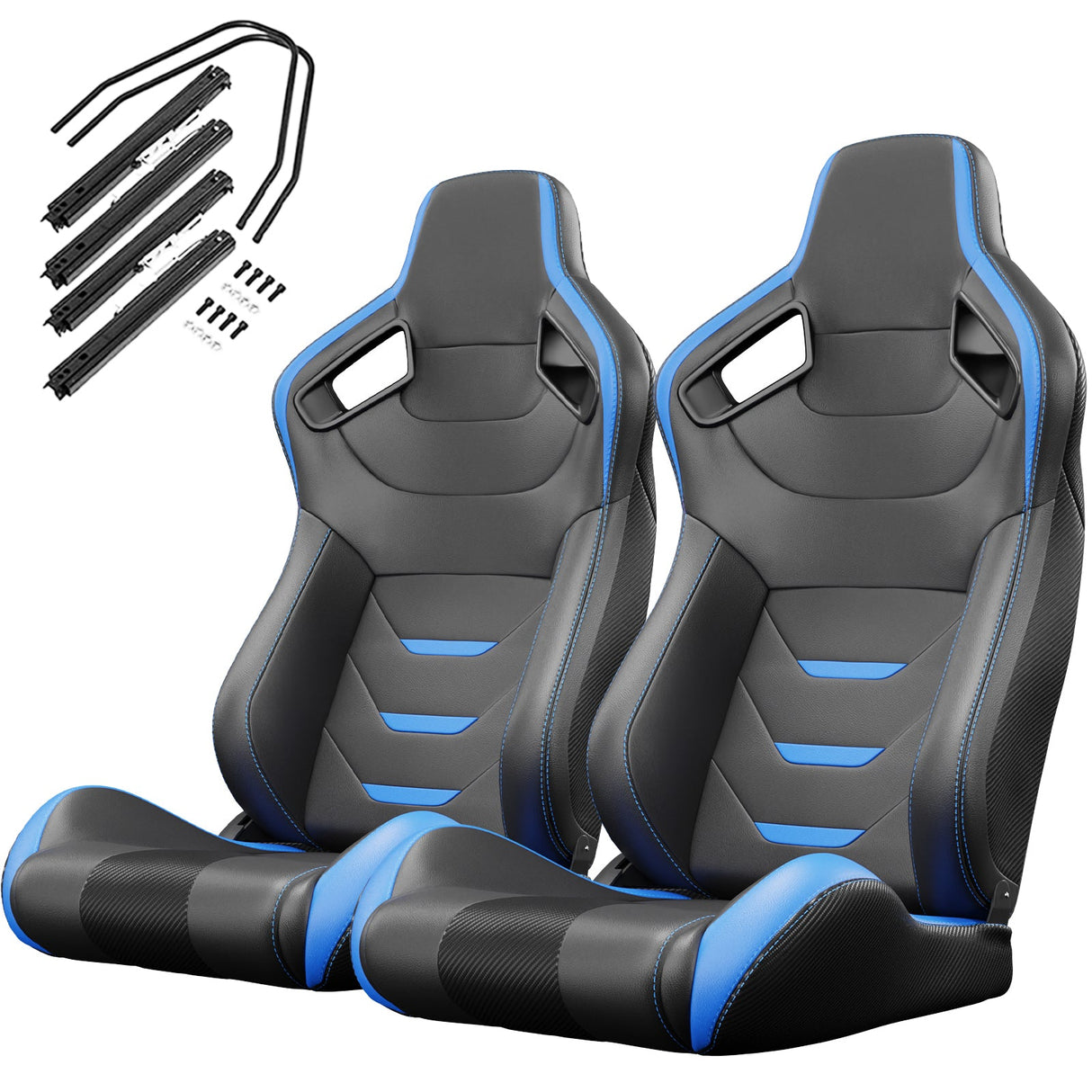 2PCS Universal Bucket Racing Seats Blue Stitch Blue PVC Leather Reclinable Carbon Look Leather Back With Adjustor Slider(Not Including Seat Bracket) - Fab Heavy Parts