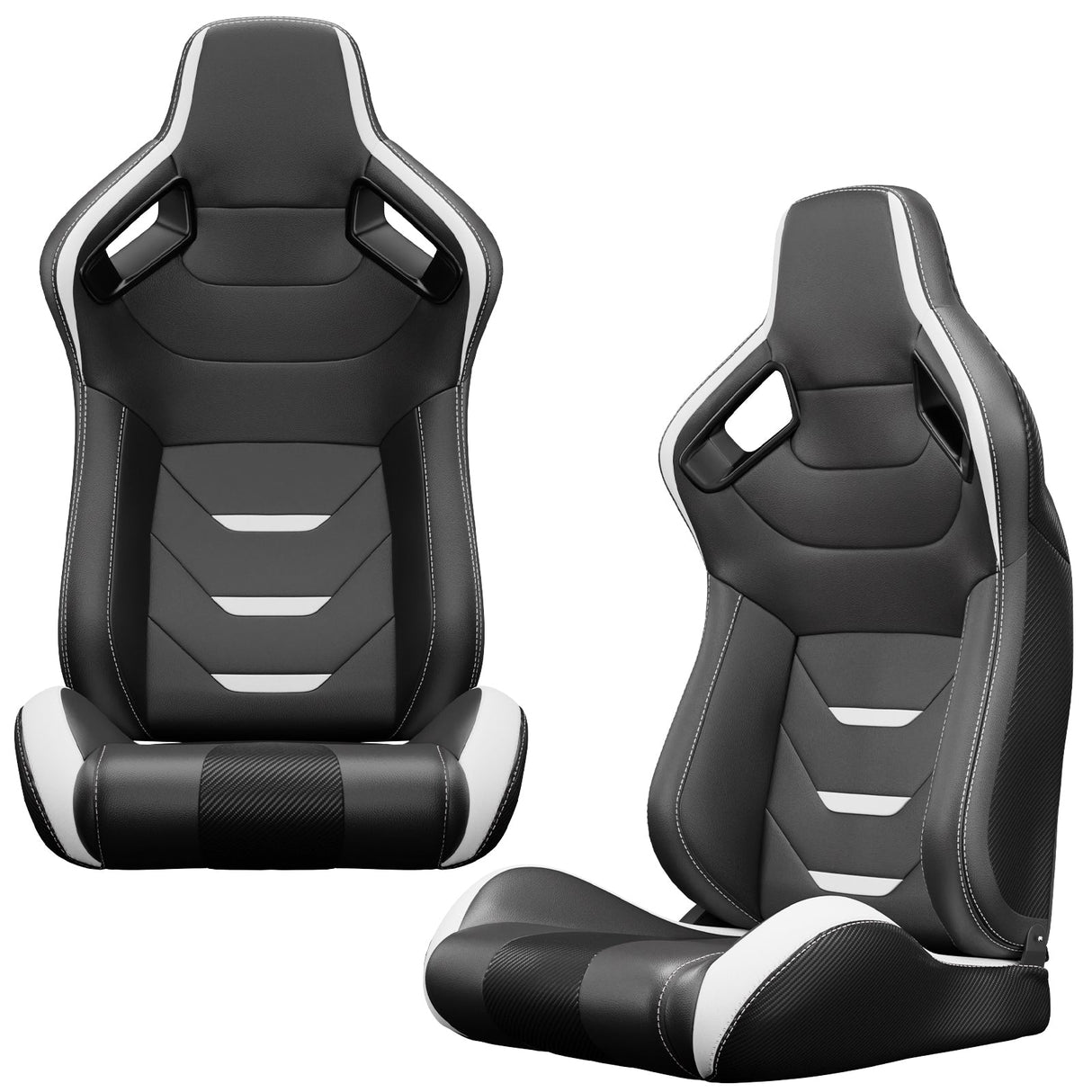 2PCS Universal Bucket Racing Seats White Stitch PVC Leather Reclinable Carbon Look Leather Back With Adjustor Slider(Not Including Seat Bracket) - Fab Heavy Parts