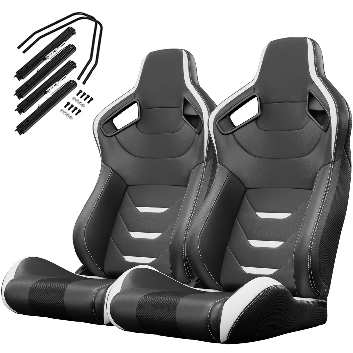 2PCS Universal Bucket Racing Seats White Stitch PVC Leather Reclinable Carbon Look Leather Back With Adjustor Slider(Not Including Seat Bracket) - Fab Heavy Parts