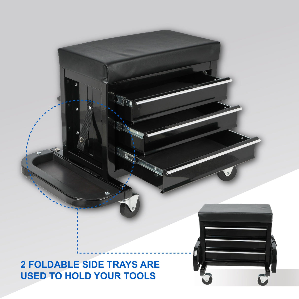 3 - Drawer Tool Chest Rolling Mechanic Seat with Tool Trays 350lbs Capacity - Fab Heavy Parts