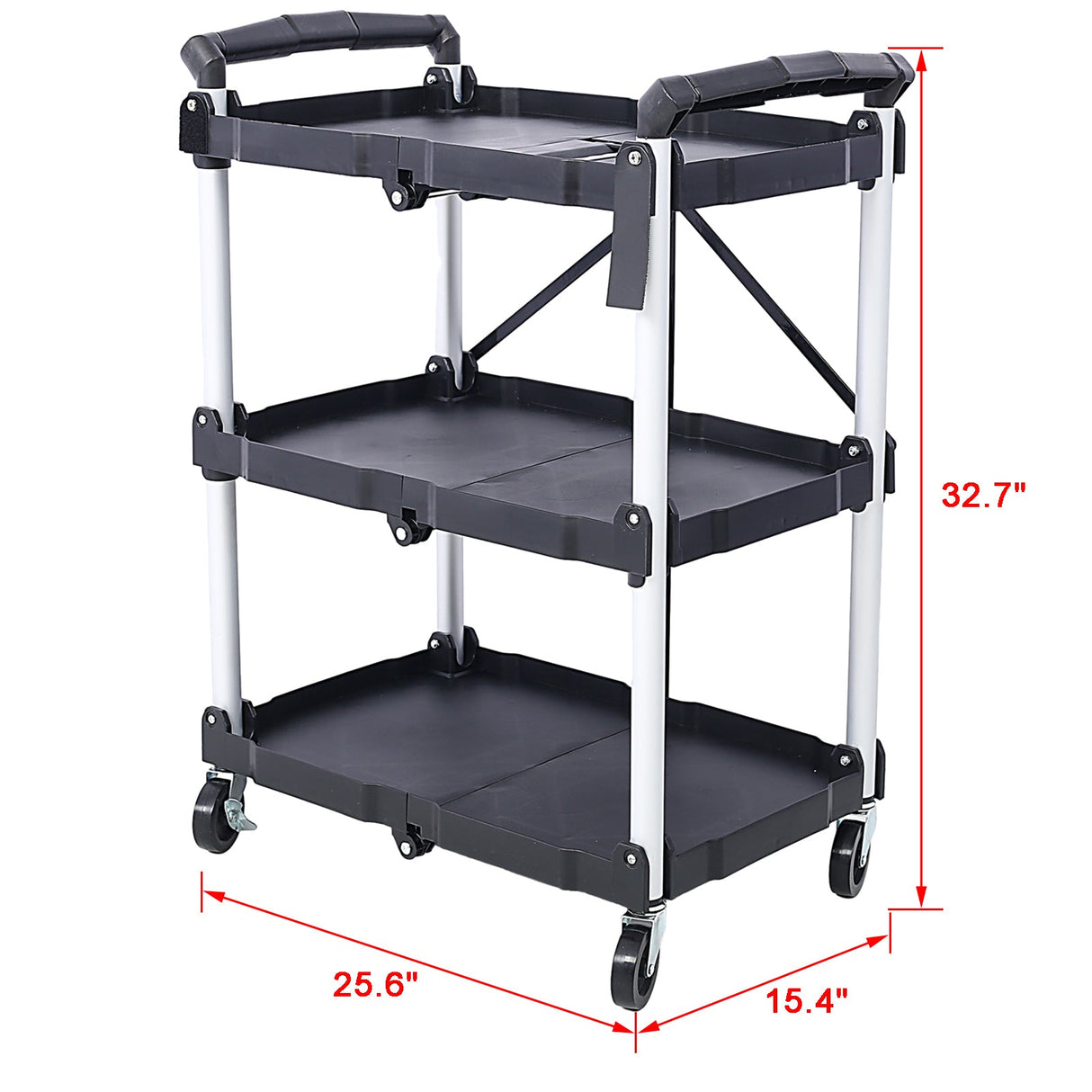 3 Layers Folding Collapsible Service Cart Pack - N - Roll Black 50 Lb. Load Capacity Per Shelf - Fab Heavy Parts
